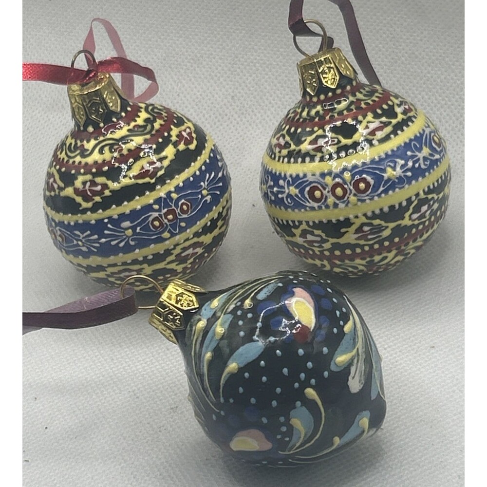 Vintage Enamel Christmas Ornaments Hand painted 2” Lot of 3 Fair Isle Design